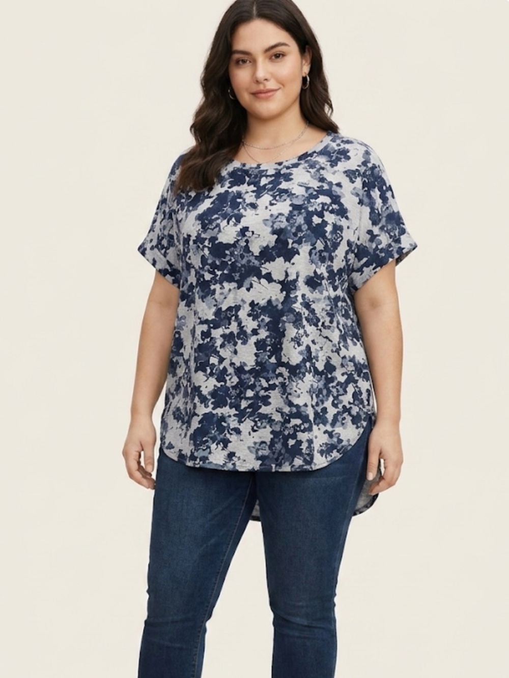 Cupio Navy Gray Floral Drop Shoulder Loose Fit Top